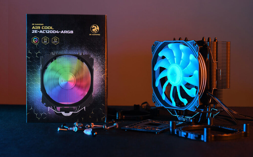 Воздушное охлаждение для процессора 2E GAMING AIR COOL (2E-AC120D4-ARGB): с черным покрытием радиатора, управляемой RGB-подсветкой и показателем отвода тепла 150W